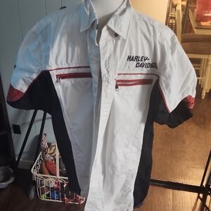 Harley-Davidson Men's White and Black Button-Down Shirt